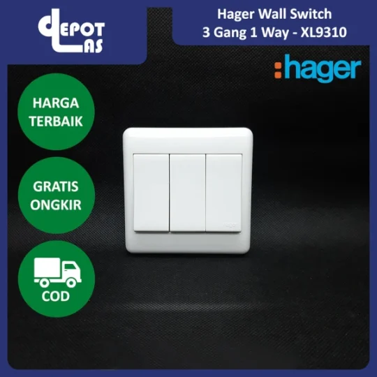 Hager Wall Switch Saklar Dinding 3 Gang 1 Jalur Large Dolly Switches - XL9310