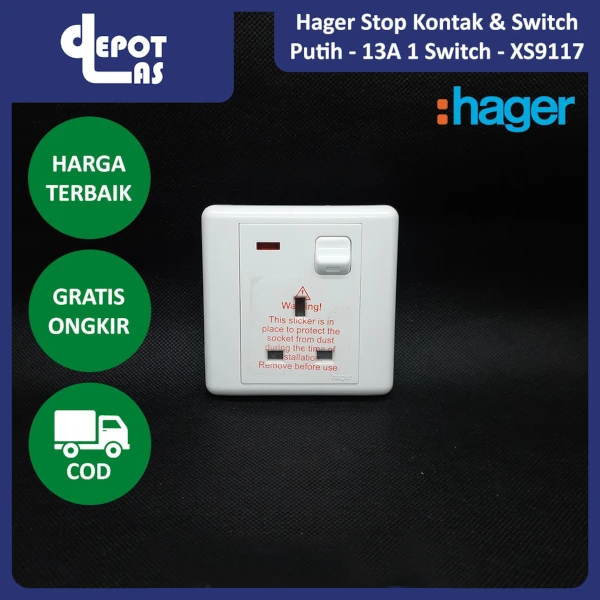 Hager BS Socket 13A Single Switch with Neon Stop Kontak 1 Saklar dengan lampu neon - XS9117 - Putih Original
